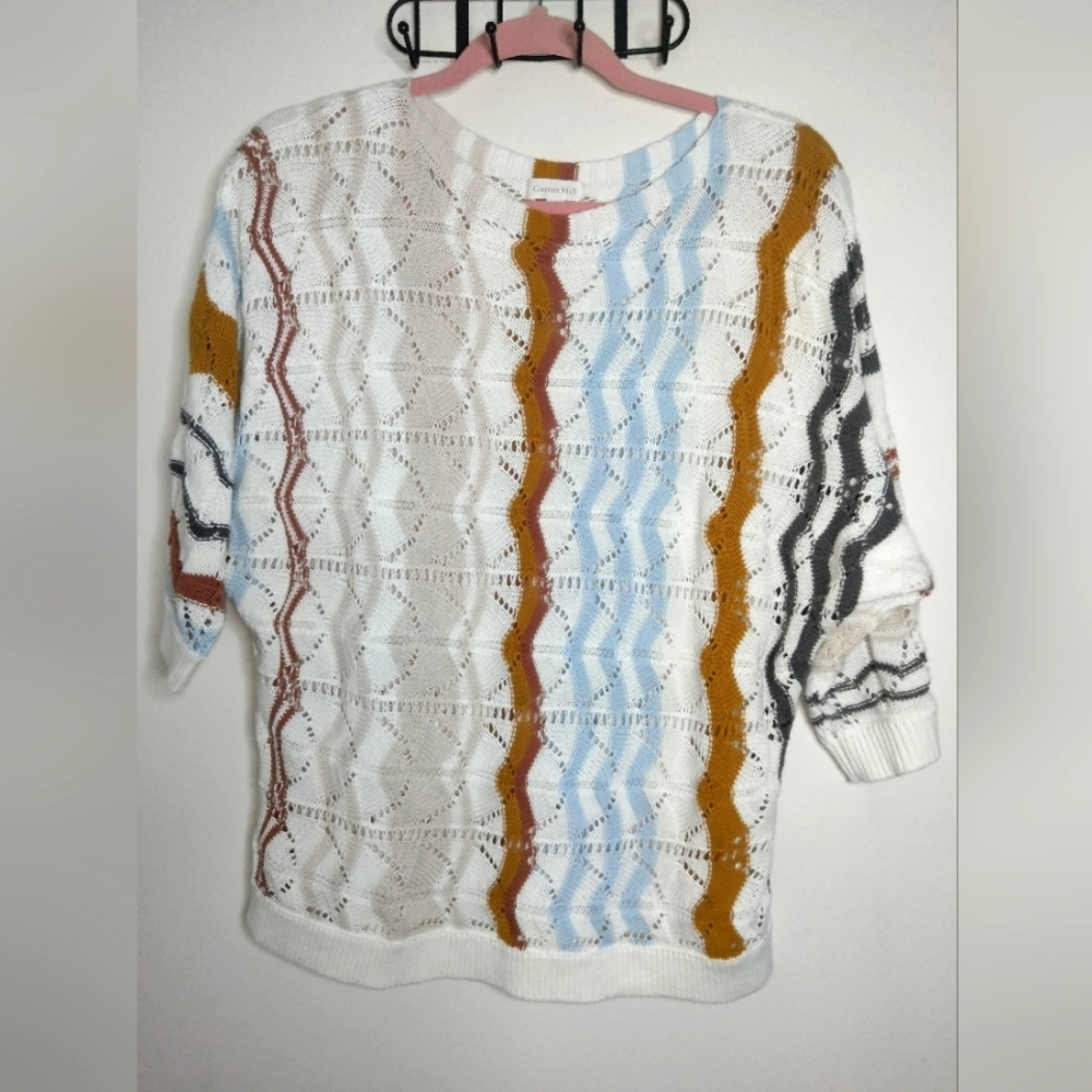 Garnet Hill (Size S) Multicolored Striped Pointelle Knit SS Lightweight Sweater